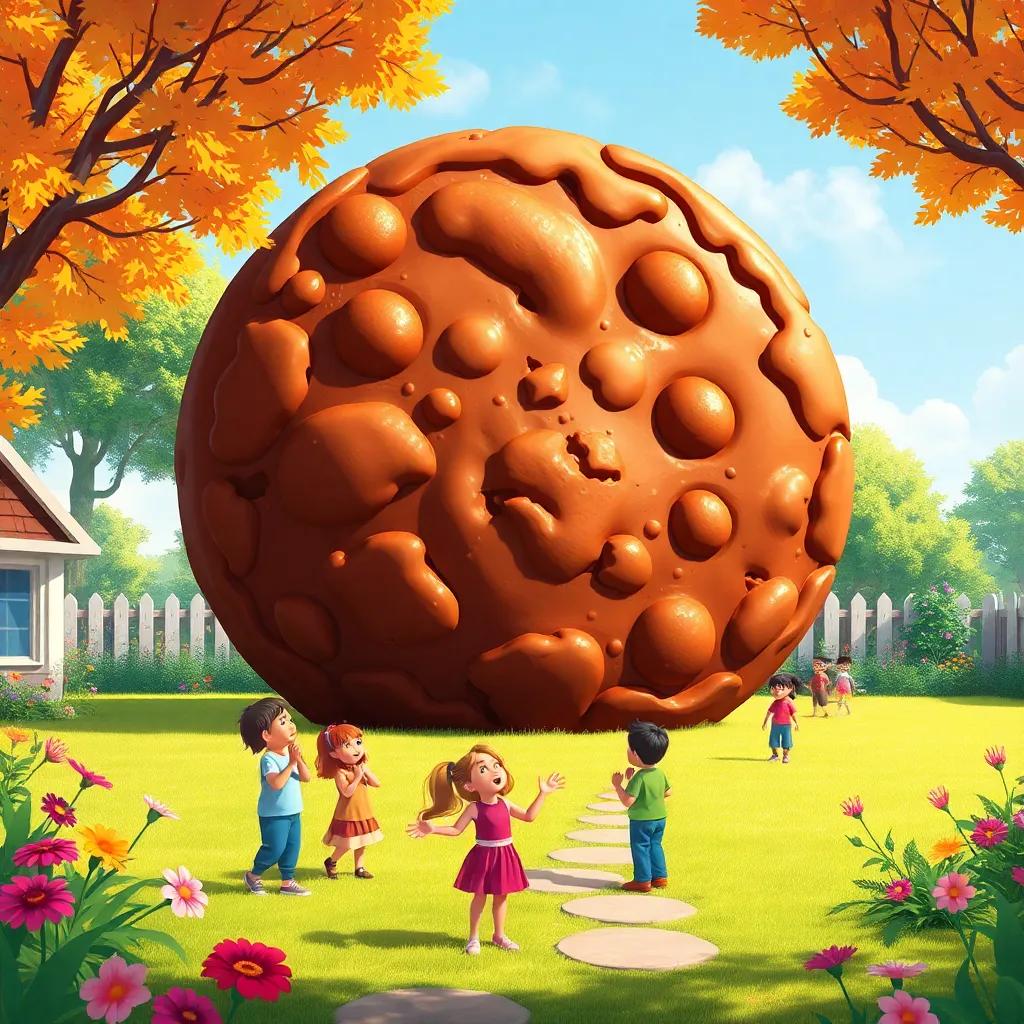 A giant chocolate cookie in a spacious backyard, golden-brown and shiny, children amazed and delighted, vibrant garden with children and adults watching, cheerful atmosphere, illustration, heartwarming scene
