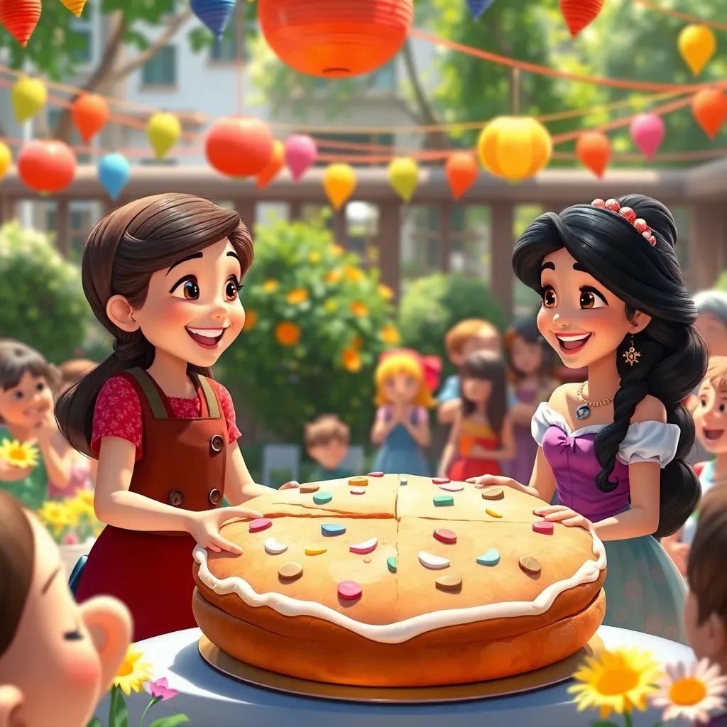 Heidi and Yasmine serving pieces of the enormous cookie to a crowd of happy neighbors, laughter and joy, colorful decorations, in a sunny garden, joyful scene, digital painting, inviting and warm