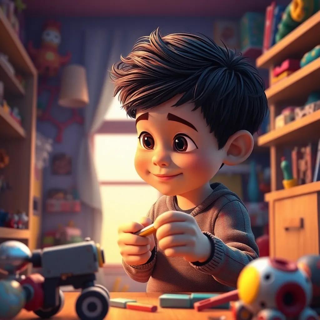 Un niño, Diego, con cabello oscuro y piel clara, usando un overol de herramientas, en su habitación llena de juguetes y herramientas, construyendo un brillante robot, luz cálida, colores vivos, perspectiva en ángulo bajo, arte digital, calidad alta
