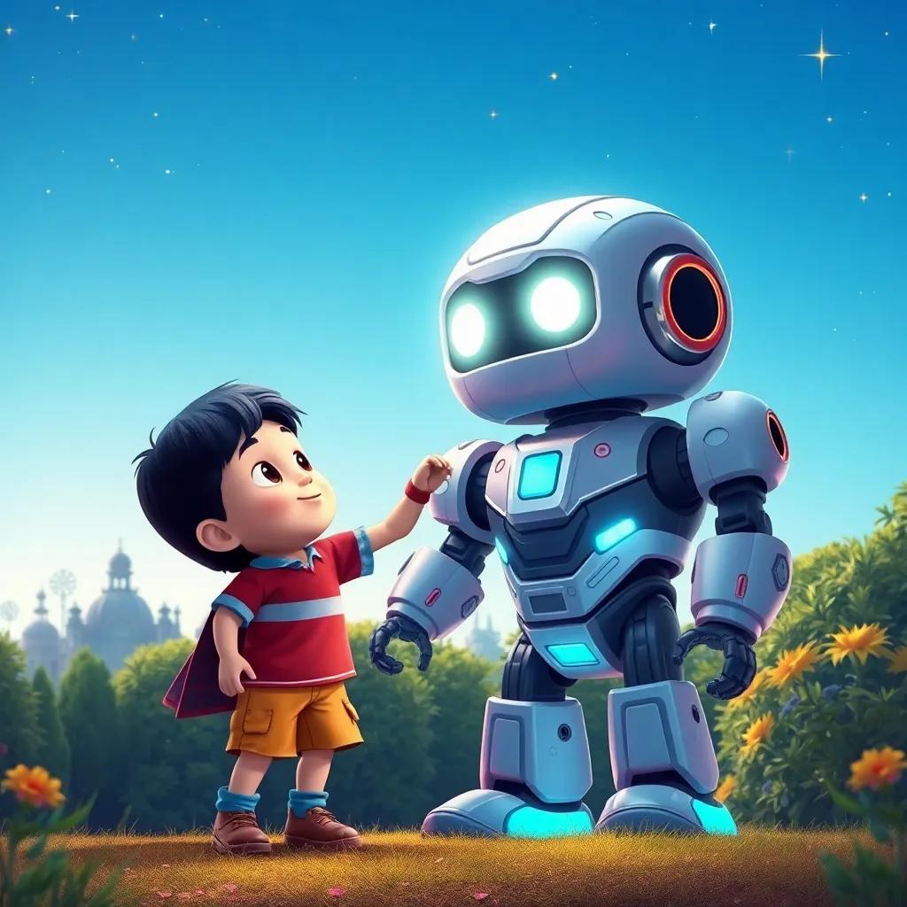 Diego y su robot Estelar, un gran robot brillante con ojos luminosos, despegando juntos desde un jardín bajo un cielo azul, estrellas brillando alrededor, estilo colorido y alegre, arte infantil, alta calidad