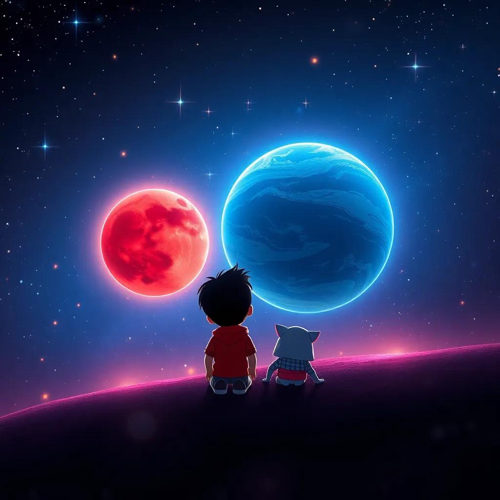 Diego y Estelar en el espacio, rodeados de estrellas, viendo planetas coloridos, un planeta rojo y otro azul como el océano, escena mágica con luces brillantes, representación amistosa, arte digital, calidad alta