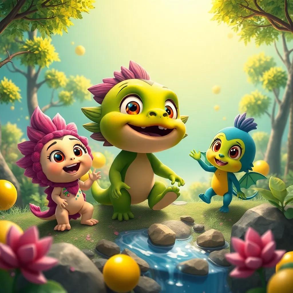 Diego, Estelar y Pipo, un ser pequeño y peludo de un planeta verde con ojos grandes, jugando en un planeta de algodón de azúcar, árboles de colores brillantes y ríos de limonada, ambiente alegre, arte infantil, alta calidad