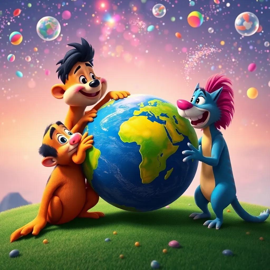 Pipo, el ser peludo, mostrando su planeta a Diego y Estelar, todos riendo y jugando, con un fondo lleno de colores y diversión, ilustración vibrante, perspectiva de grupo, calidad alta