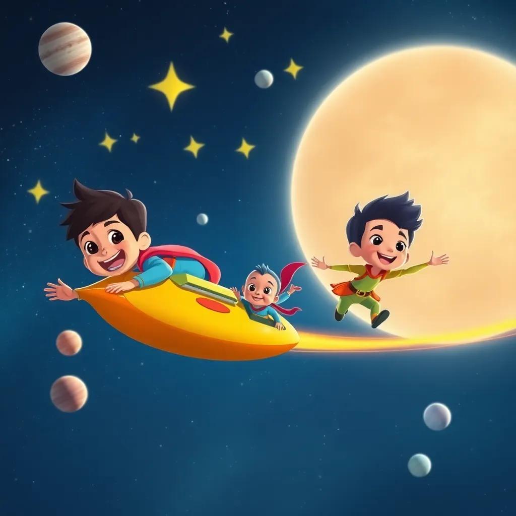 Diego, Pipo y Estelar, volando en el espacio con estrellas fugaces y planetas a su alrededor, descubriendo el universo juntos, ilustración de aventura, colores vibrantes, calidad alta