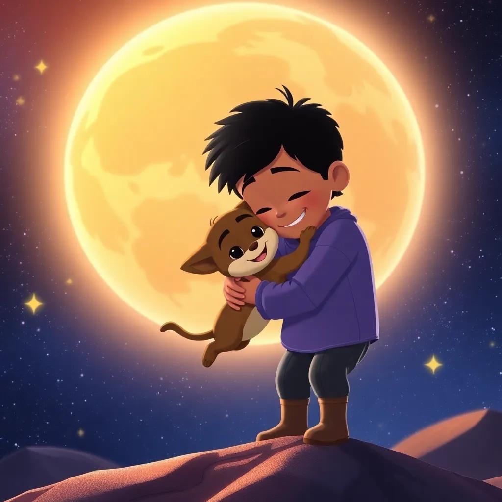 Diego abrazando a Pipo en un planeta lejano, las estrellas brillando de fondo, un sentimiento de alegría y amistad, ilustración emocional, cálido y reconfortante, calidad alta