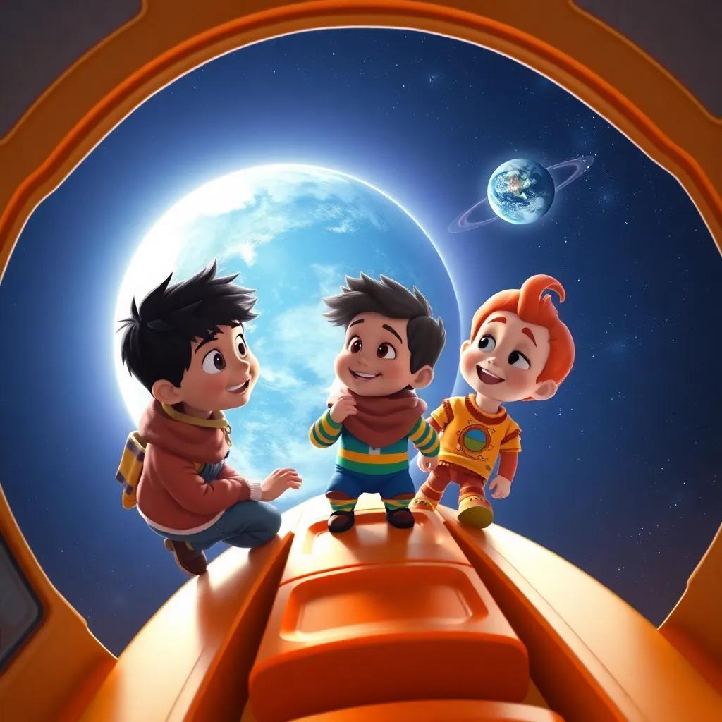 Diego, Pipo y Estelar regresando a la Tierra desde el espacio, mirando el planeta azul desde su nave espacial, con sonrisas de felicidad, arte digital, perspectiva cósmica, calidad alta