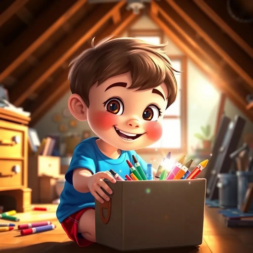 A cheerful little boy, Dino, with short brown hair, wearing a blue t-shirt and red shorts, discovering a sparkling box of colorful art supplies in an attic, bright sunlight, digital art, vibrant colors, whimsical atmosphere, inviting scene