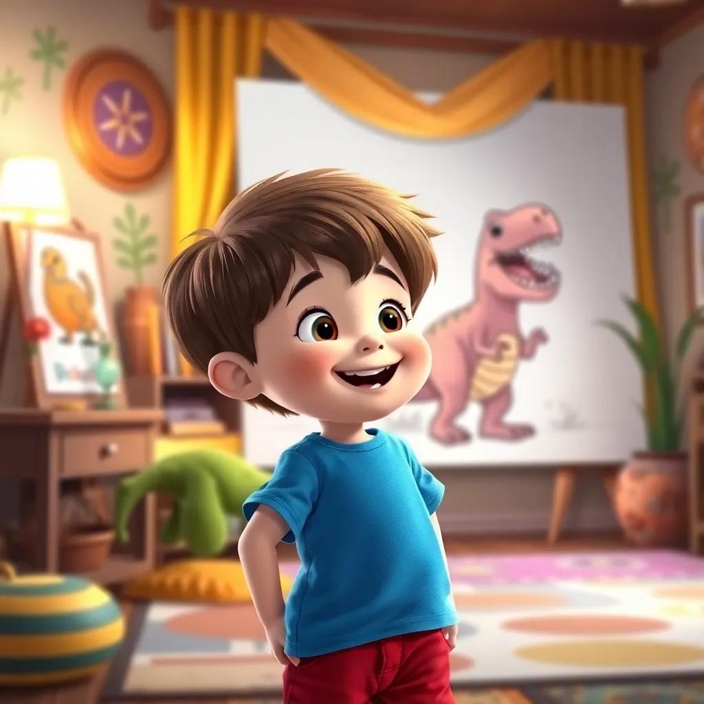 Dino, a cheerful little boy with short brown hair, wearing a blue t-shirt and red shorts, excitedly watching a big, funny dinosaur jump off his drawing and dance around the room, colorful decor, magical and playful, uplifting mood
