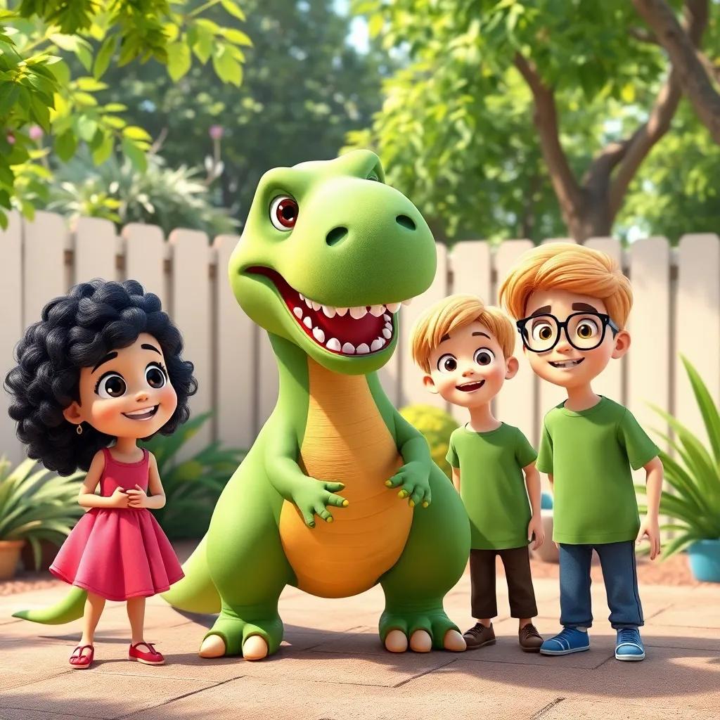 Dino with the funny dinosaur inviting his friends, Mia, a girl with curly black hair in a pink dress, Leo, a boy with blond hair in a green shirt, and Sam, a boy with glasses in a yellow t-shirt, in a sunny backyard, friendly atmosphere