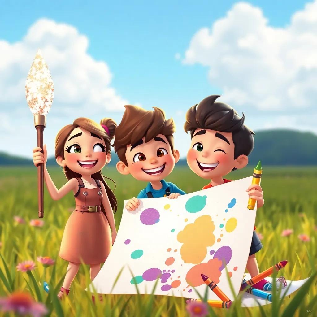 Mia with a glittering paintbrush, Leo with a giant paper, and Sam with crayons, painting and drawing happily together in a field, bright and colorful, cheerful teamwork, cartoon style, energetic vibe