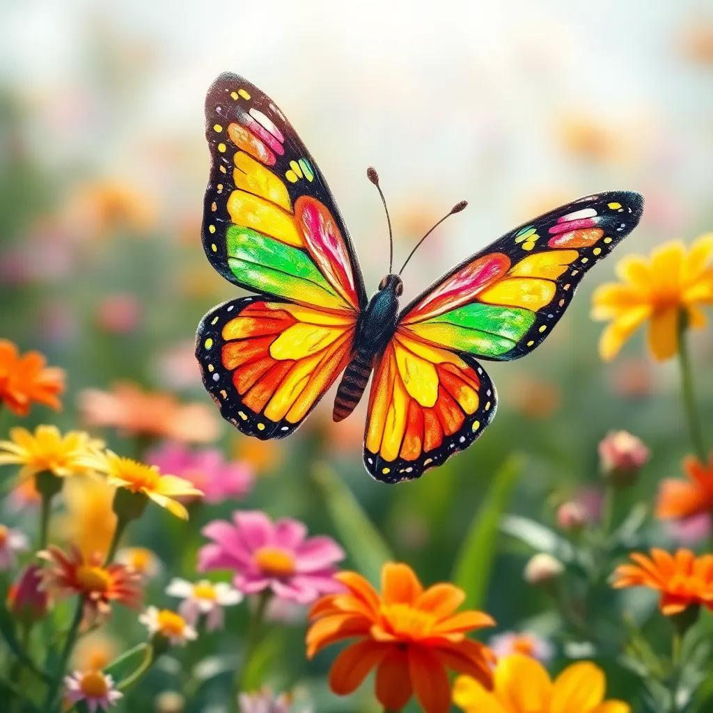 A colorful butterfly flying around, created from a crayon drawing by Sam, shimmering in sunlight amidst flowers, bright colors, joyful moment, magical realism