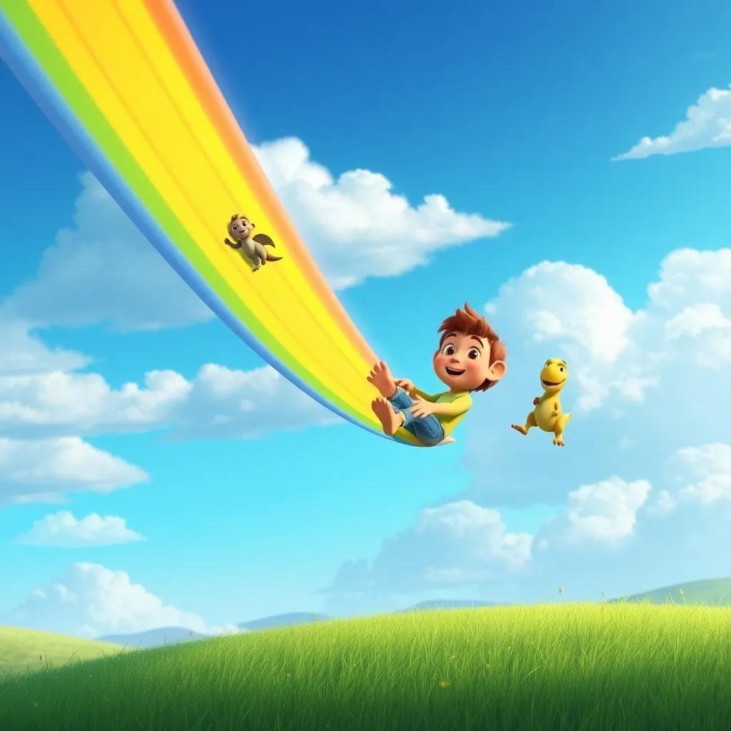 Leo sliding down a giant rainbow drawn in the sky, with Dino, Mia, and Sam in the background cheering, soft green grass below, beautiful landscape, whimsical