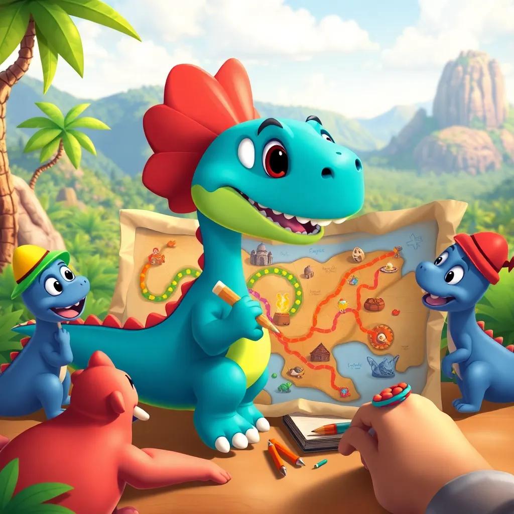 Dino drawing a treasure map with his friends around him, colorful paths and treasures on the map, excited expressions, picturesque setting, vibrant illustration