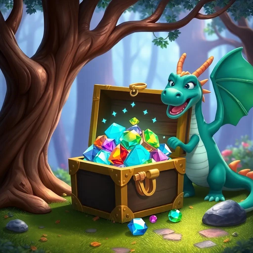 A treasure chest filled with sparkling gems, surrounded by a talking tree and a friendly, singing dragon, magical forest environment, colorful, enchanting scene