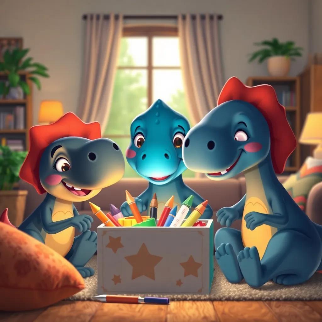 Dino and his friends tired but happy, looking at the magic art supplies box with big smiles, cozy living room, warm light, fond memories, togetherness