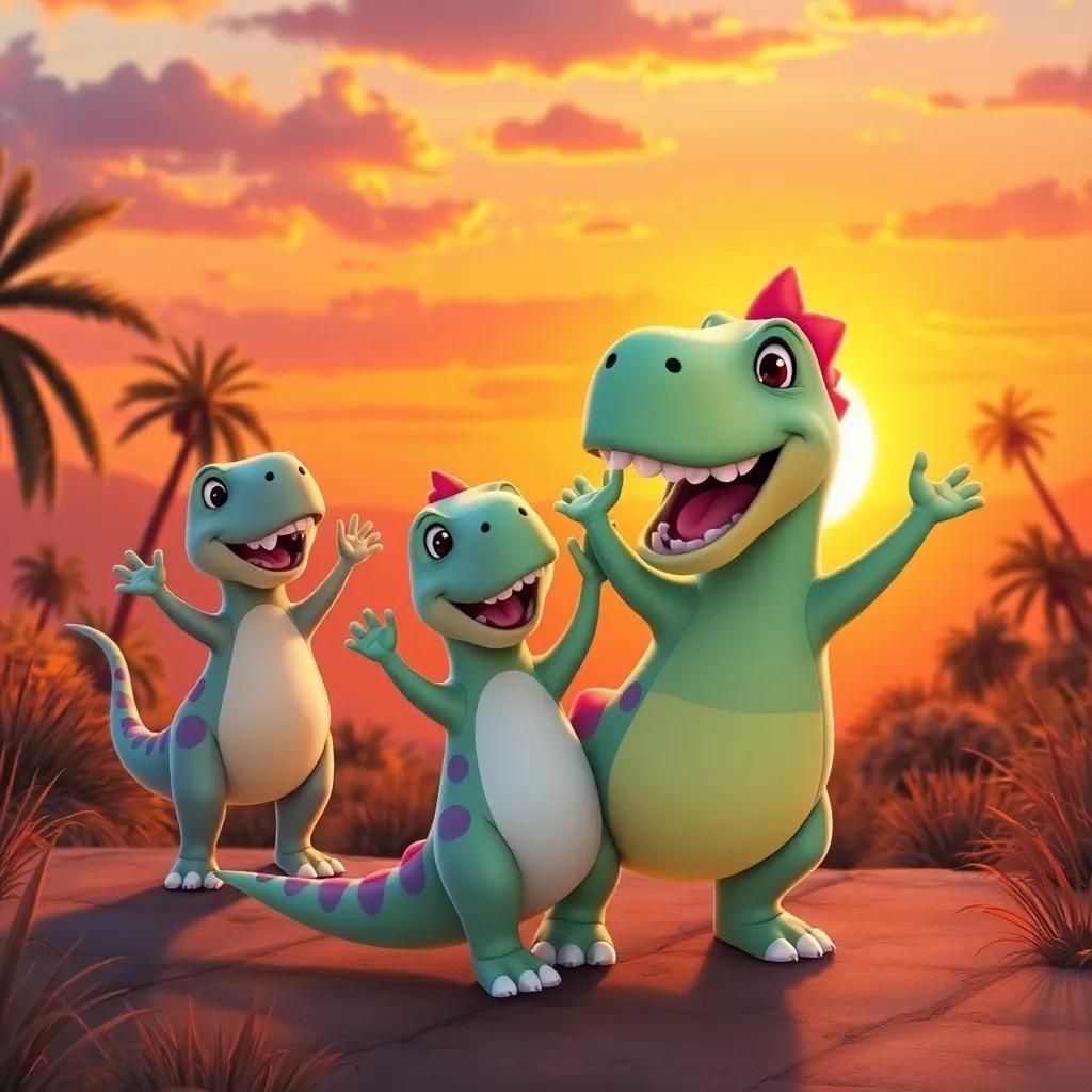 Dino and his friends waving goodbye to each other, excited for their next adventure, colorful sunset in the background, cheerful, heartwarming scene