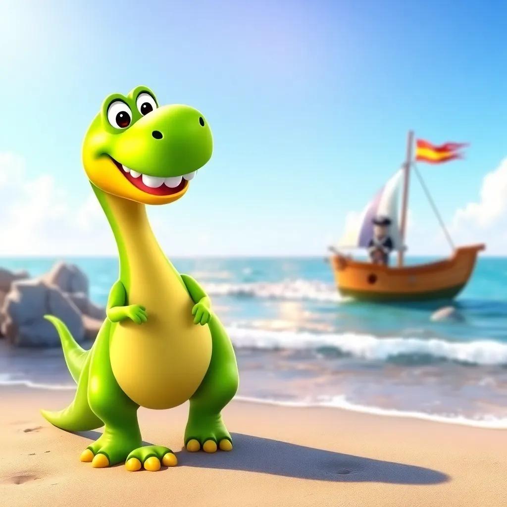 A happy green dinosaur, Dino, with a big smile, standing on the beach looking at a pirate ship with a colorful flag, bright sunlight, cheerful atmosphere, cartoon style, vibrant colors, playful and inviting