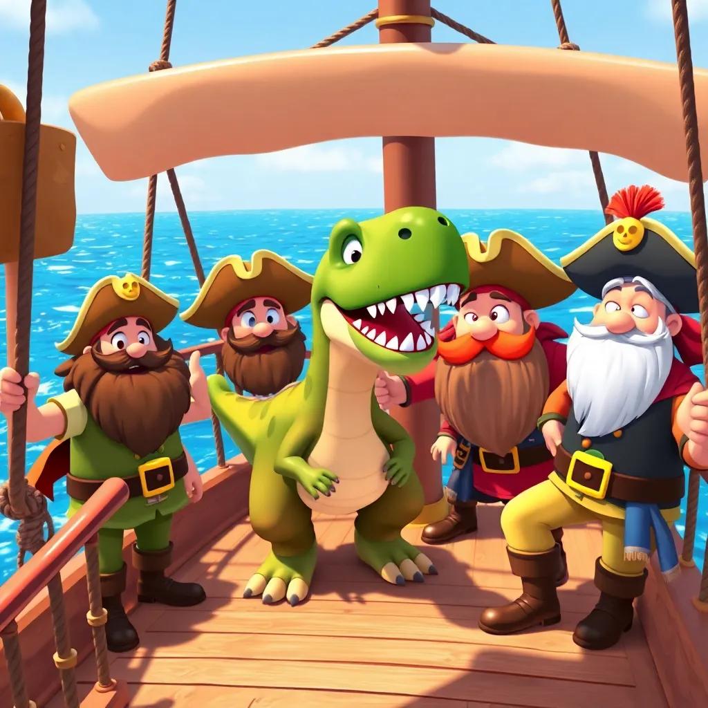 Friendly pirates on a ship, wearing funny hats and big beards, welcoming Dino the dinosaur aboard, happy expressions, ship deck, bright ocean background, cheerful, cartoon style, colorful