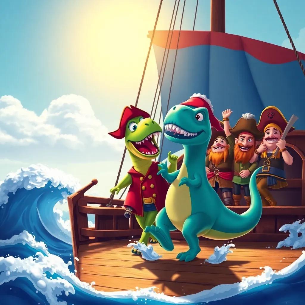 Dino dancing with playful pirates on the ship, singing sea shanties, colorful sails above, waves splashing, bright sun, joyful scene, lively atmosphere, cartoon style