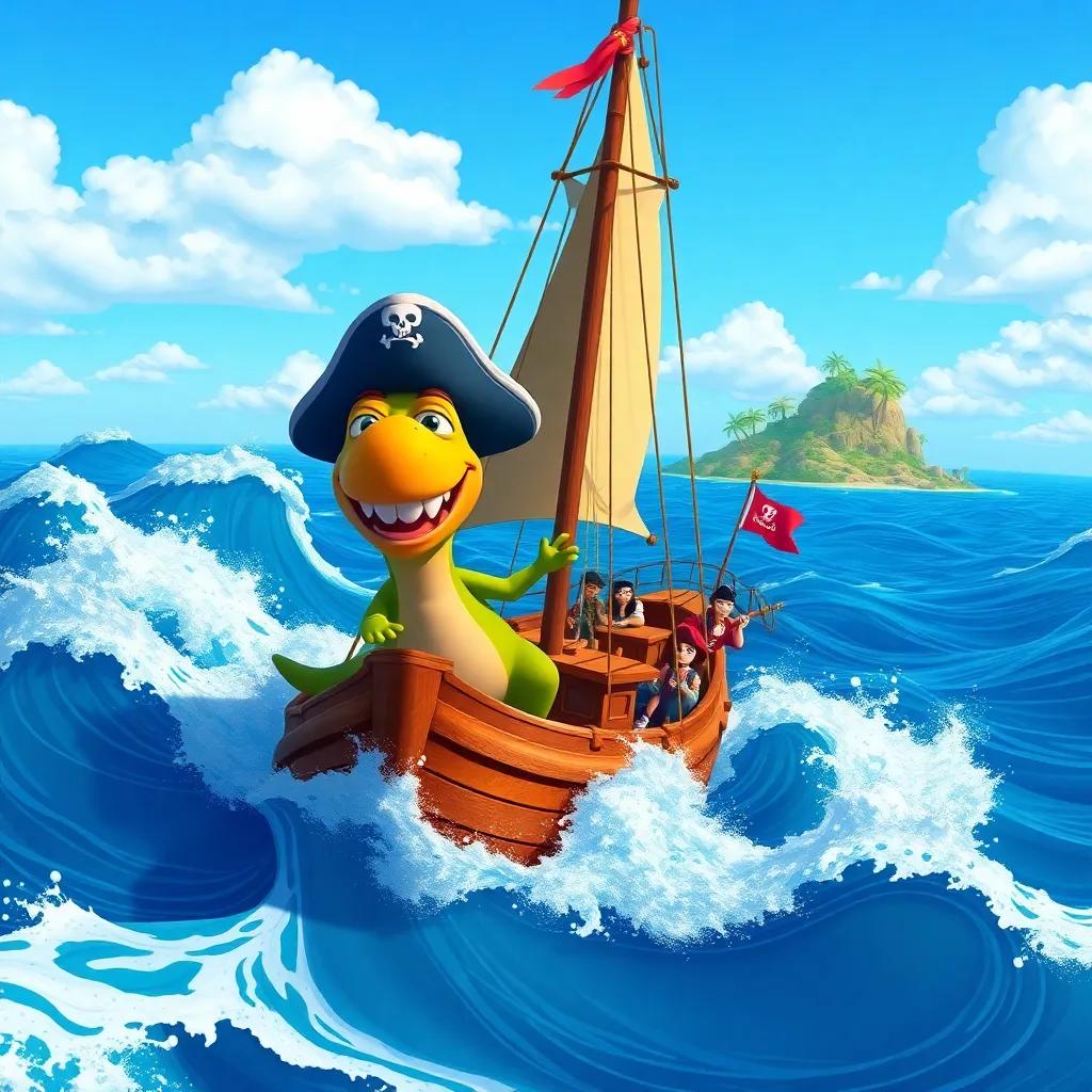 Dino and the pirates sailing to Treasure Island, big waves, blue sky, Dino holding onto the ship, adventurous mood, tropical island in the distance, cartoon style, dynamic angle