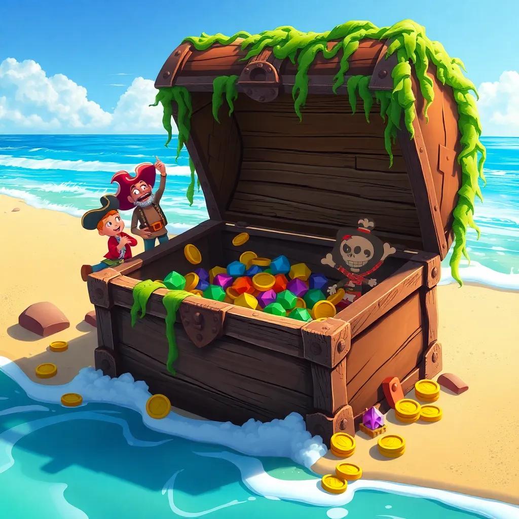 A big treasure chest on the beach, old and covered in seaweed, pirates opening it with excitement, sun shining, treasures spilling out, colorful jewels and gold coins, cartoon style