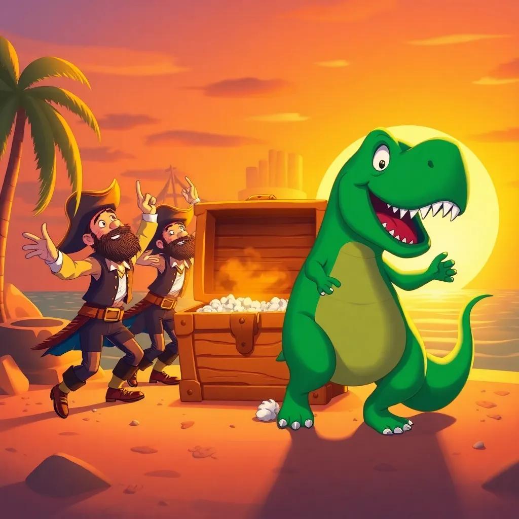 Pirates dancing around the treasure chest, Dino joining in with a big smile, sunset in the background, warm colors, joyful celebration, cartoon style, lively