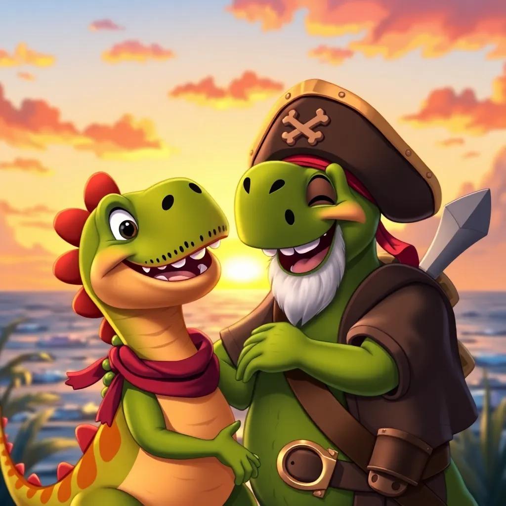 Dino smiling with the pirate captain, sharing treasure and friendship, hugging each other warmly, a beautiful sunset, colorful sky, happy expressions, cartoon style