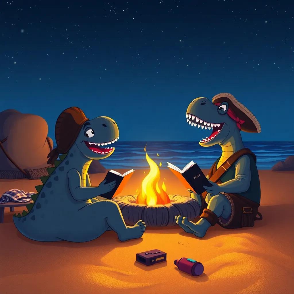 Dino singing with pirates by the fire, sitting on the beach, sharing stories, stars twinkling above, golden sand, cozy atmosphere, cartoon style, inviting