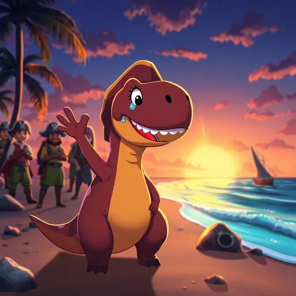 Dino waving goodbye to the pirates on the beach, happy tears in his eyes, friends in the background, sunset, deep colors, cheerful atmosphere, cartoon style