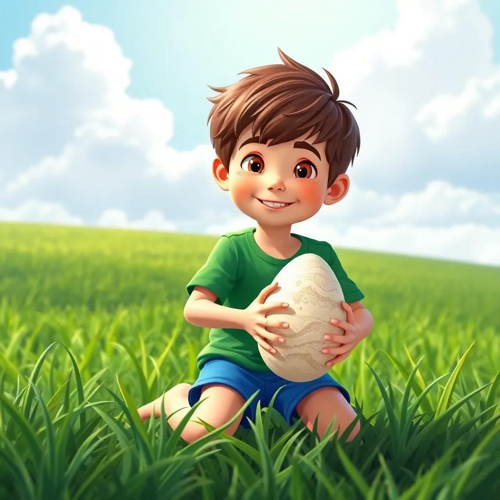 A young boy, Dino Dan, with short brown hair, wearing a green shirt and blue shorts, kneeling in a green field, holding a big dino egg, sunny day with fluffy clouds, digital art, vibrant colors, cheerful atmosphere, high quality