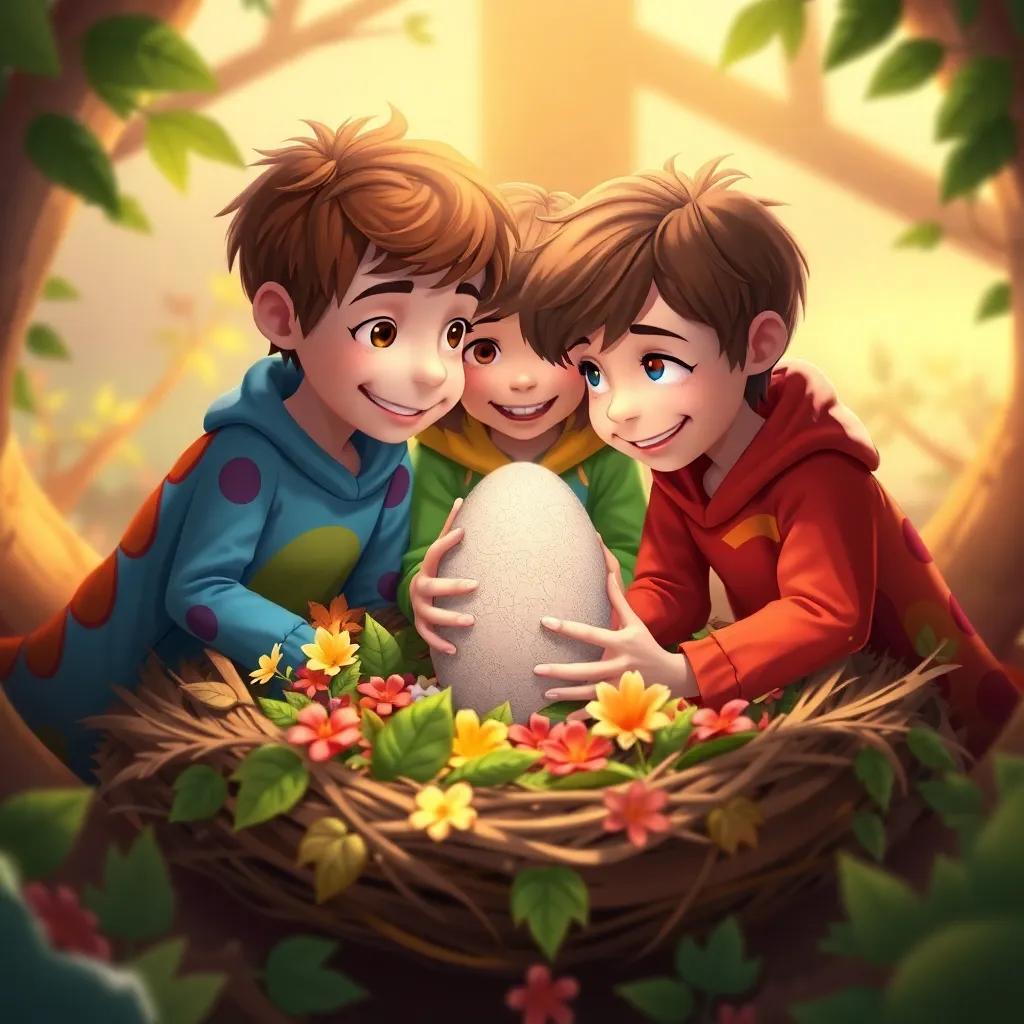 Dino Dan, Emma, and Leo, with short brown hair, wearing colorful clothes, building a cozy nest together, gathering soft leaves and flowers, with the egg in the center, bright colors, warm and inviting light, detailed digital art, happy teamwork