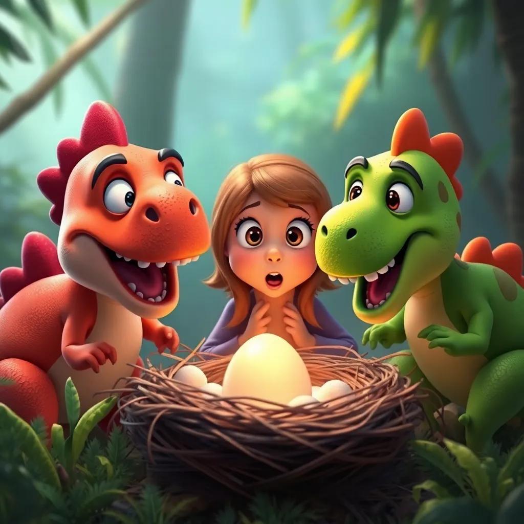Dino Dan, Emma, and Leo, with expressions of surprise, surrounding the nest, as they hear the egg cracking, vibrant colors, excitement in their faces, digital painting, magical moment, high quality