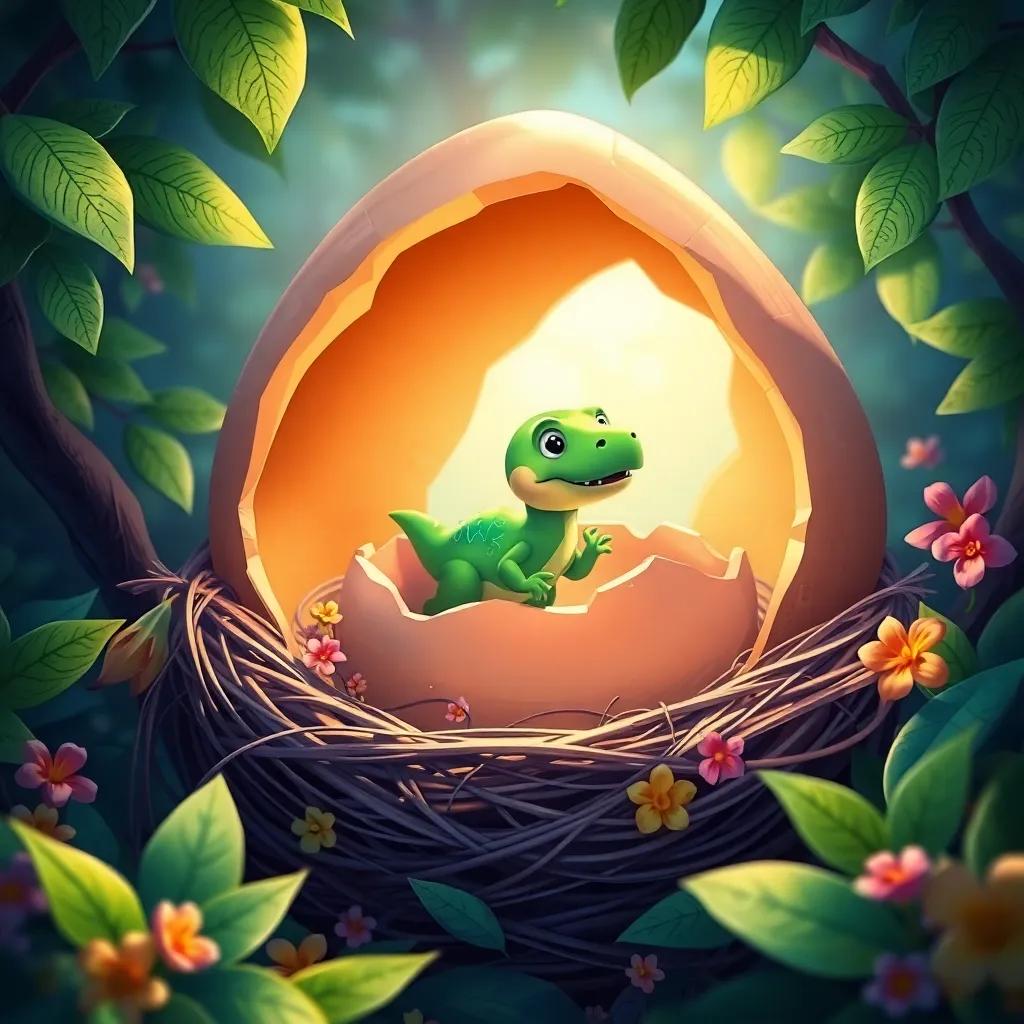 The dino egg cracking open in the nest, a tiny green dinosaur peeking out, with sunshine shining on it, surrounded by leaves and flowers, beautiful and colorful scene, illustration, enchanting atmosphere, high quality