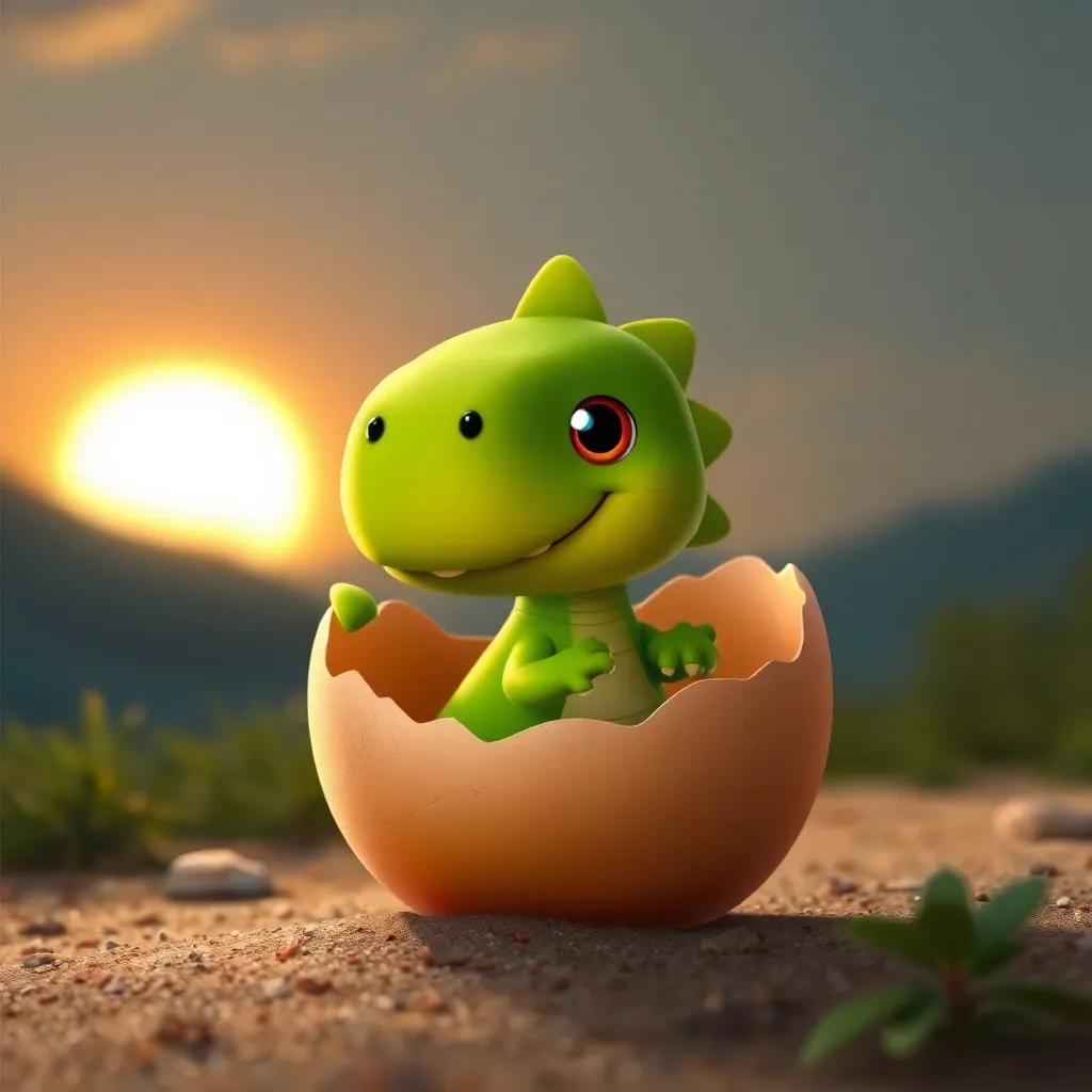 Dinolette, the tiny green dinosaur, with big eyes and a playful expression, wiggling out of the egg shell, the sun setting in the background, detailed digital art, heartwarming moment, cozy ambiance, child-friendly