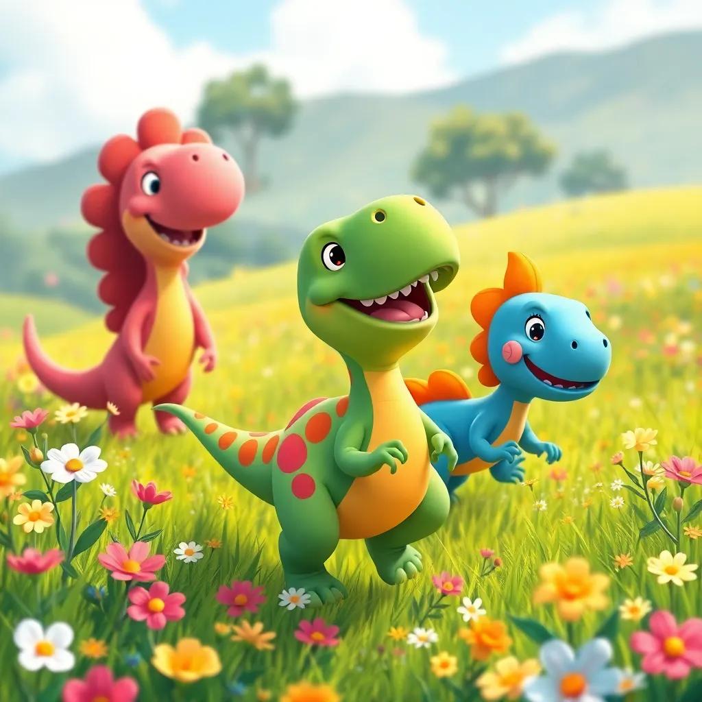 Dinolette, the baby dino, following Dino Dan, Emma, and Leo through a flower-filled meadow, their laughter and joy in the air, vibrant colors, friendly landscape, whimsical illustration, joyful adventure