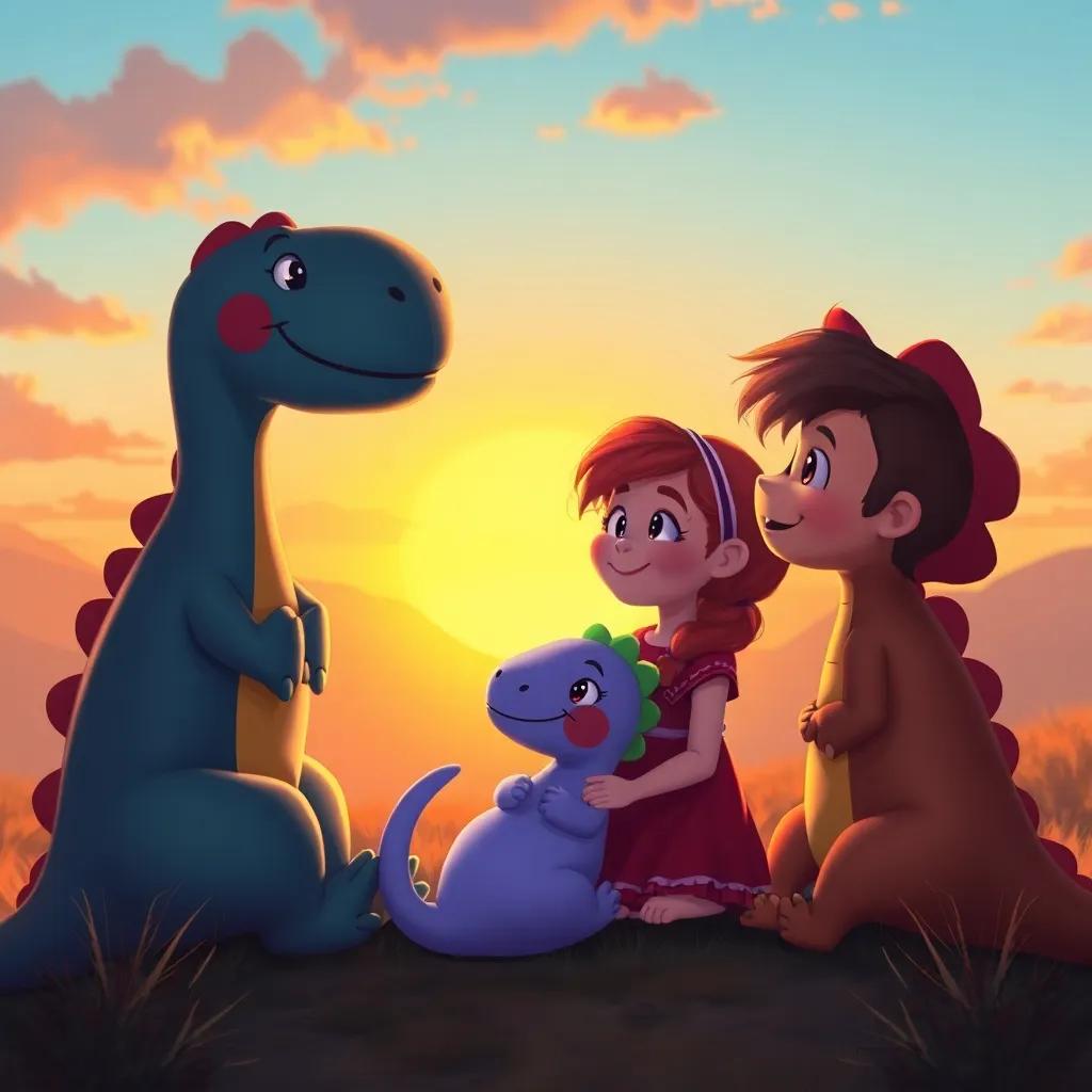 Dinolette, Dino Dan, Emma, and Leo, looking at a sunset, with Dinolette nestled between them, expressions of joy and friendship, warm colors, tranquil atmosphere, heartwarming scene, digital painting, high quality