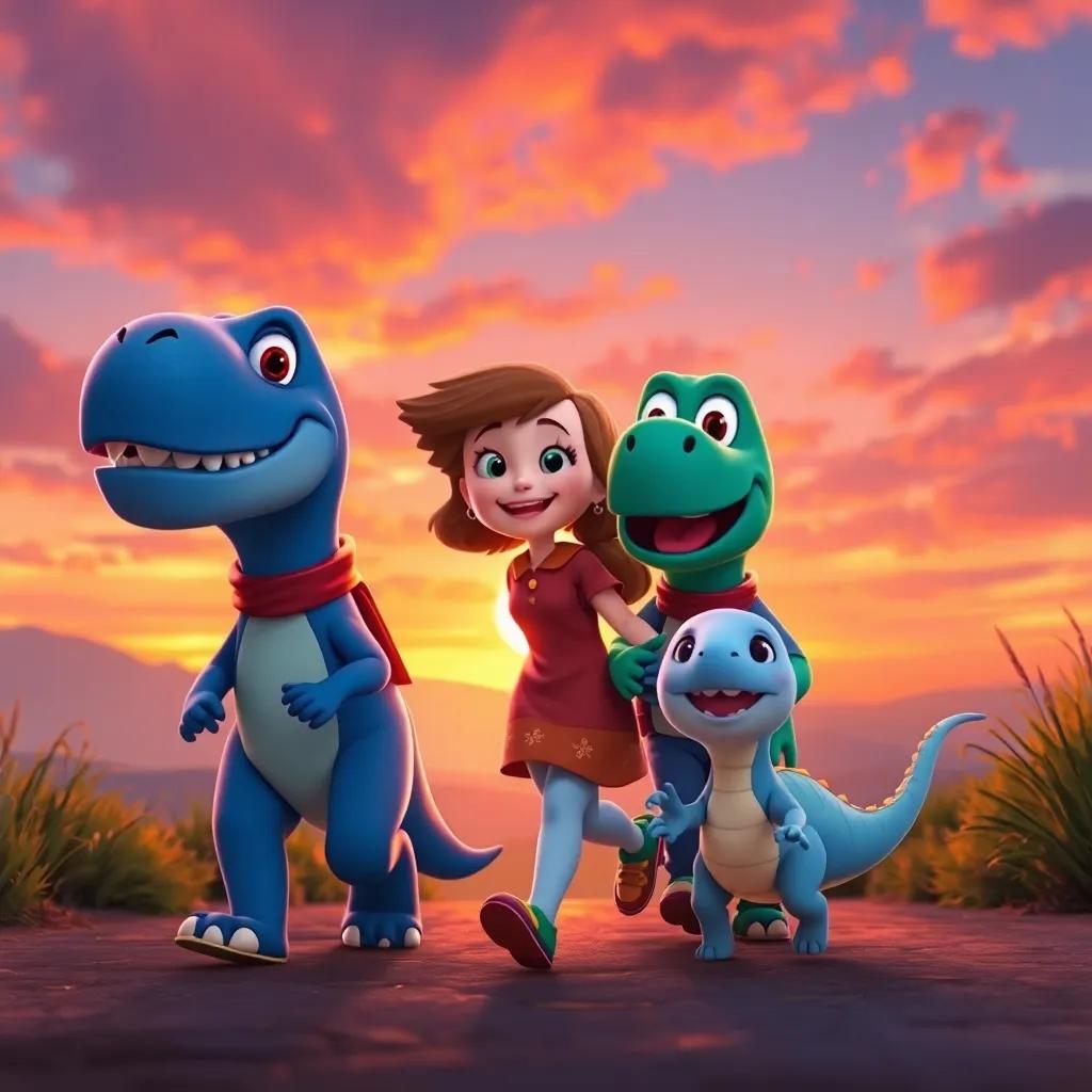 Dino Dan, Emma, and Leo, with happy smiles, walking home together as friends, Dinolette playfully bouncing beside them, colorful sky during sunset, cozy and inviting ambiance, high quality digital art