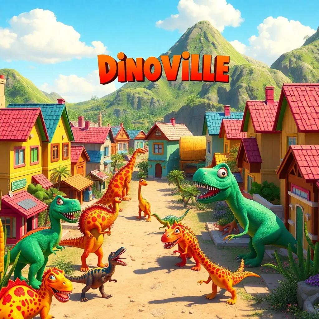 A busy dinosaur town called Dinoville, with colorful houses and dinosaurs of different kinds, bright sunny day, dynamic perspective, digital art, cheerful atmosphere, high quality