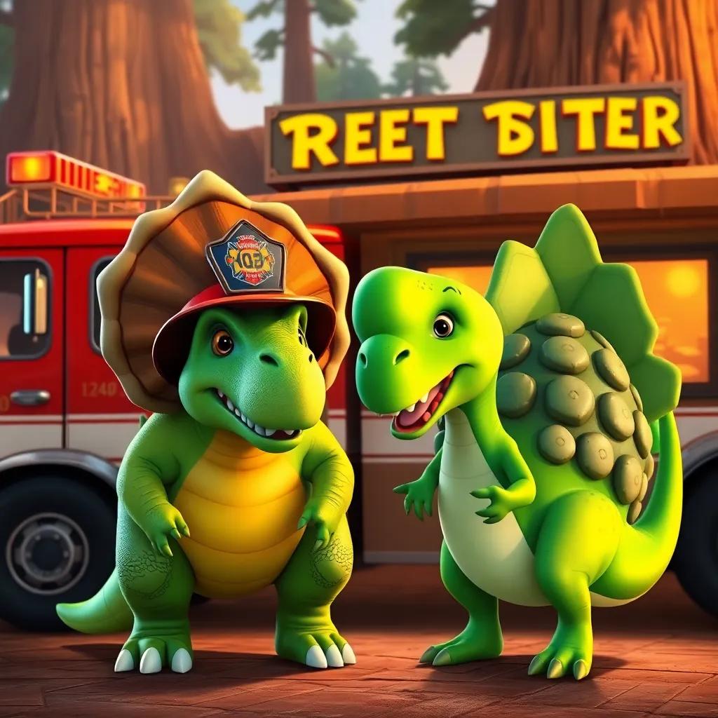 Chief Triceratops, a strong dinosaur with three prominent horns, wearing a firefighter's helmet, and Stegosaurus Steve, a green dinosaur with flat, spiky plates, standing by a fire truck in front of a tree stump diner, excited expressions, bright colors, warm light, quality digital illustration