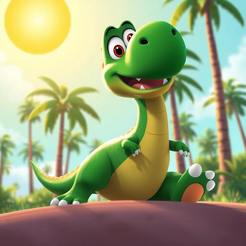 A big green dinosaur, Dino, stretching his legs with tiny arms and a happy face, under a bright sunny sky near tall trees, digital art, vibrant colors, cheerful and inviting atmosphere, high quality