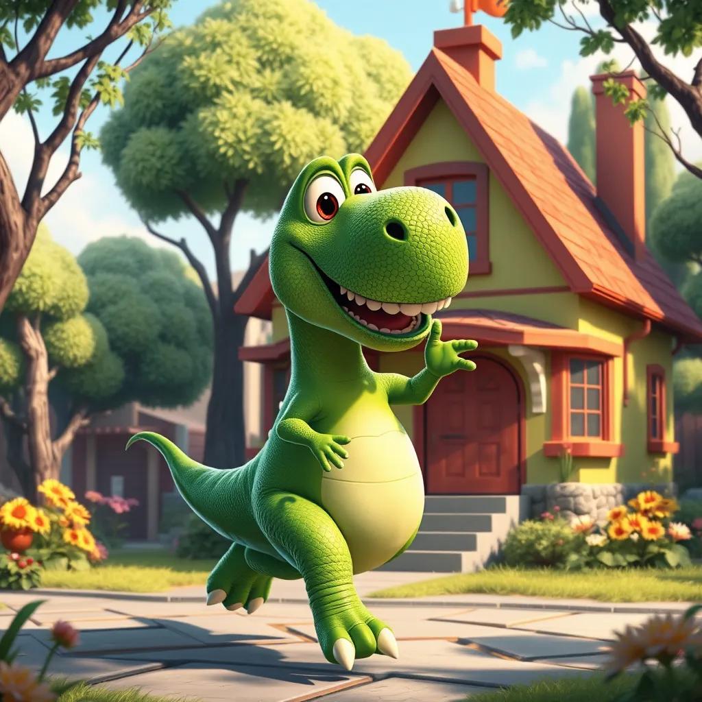 Dino, the big green dinosaur, jogging around a colorful house with a big smile, trees and flowers around him, elbow out and tail wiggling, detailed digital art, bright colors, playful mood