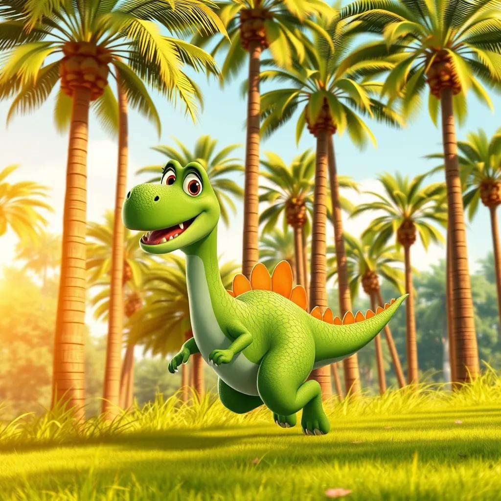 Dino, the big green dinosaur, running past waving tall trees with leaves dancing in the wind, sunny day, cheerful expression, warm light, vibrant colors, high quality