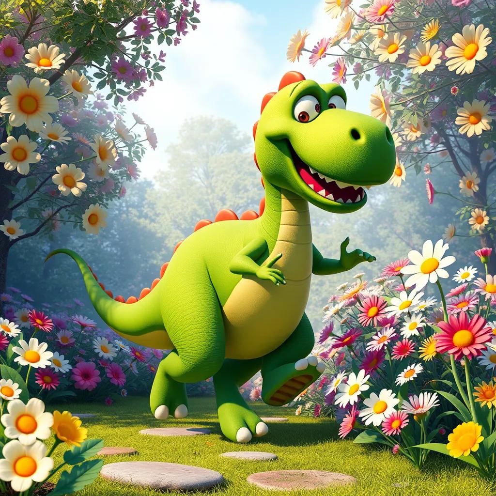 Dino, the big green dinosaur, jogging next to a colorful flower garden with flowers dancing, happiness in the air, joyful atmosphere, digital art, bright and colorful, high quality