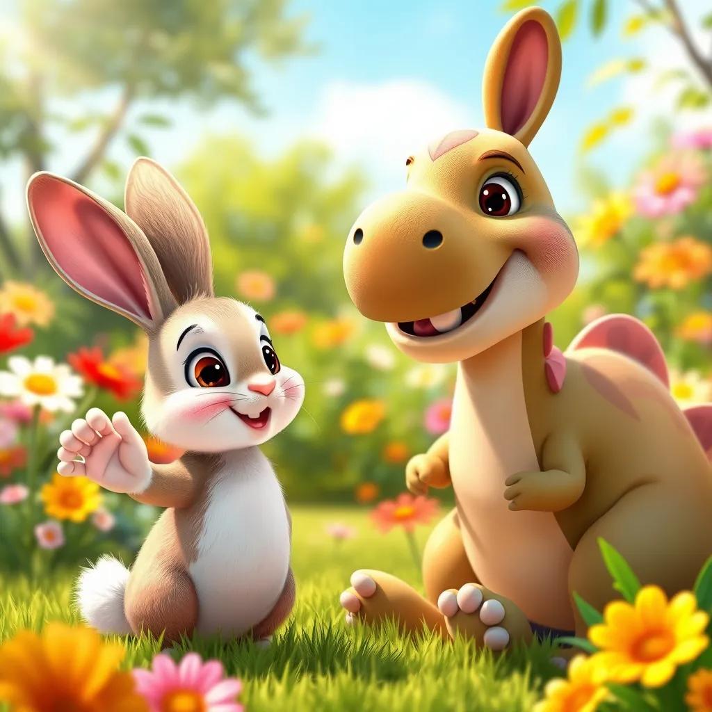 A cute rabbit named Timmy, small and fluffy, waving at Dino the dinosaur, they are smiling in a sunny garden, playful mood, colorful flowers in the background, digital painting, cheerful atmosphere, high quality