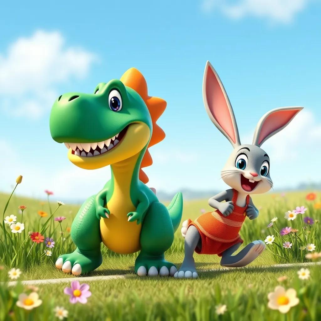 Dino the dinosaur and Timmy the rabbit lined up together ready to race, green grass and flowers around them, with a big smile, bright sunny day, colorful and cheerful, high quality