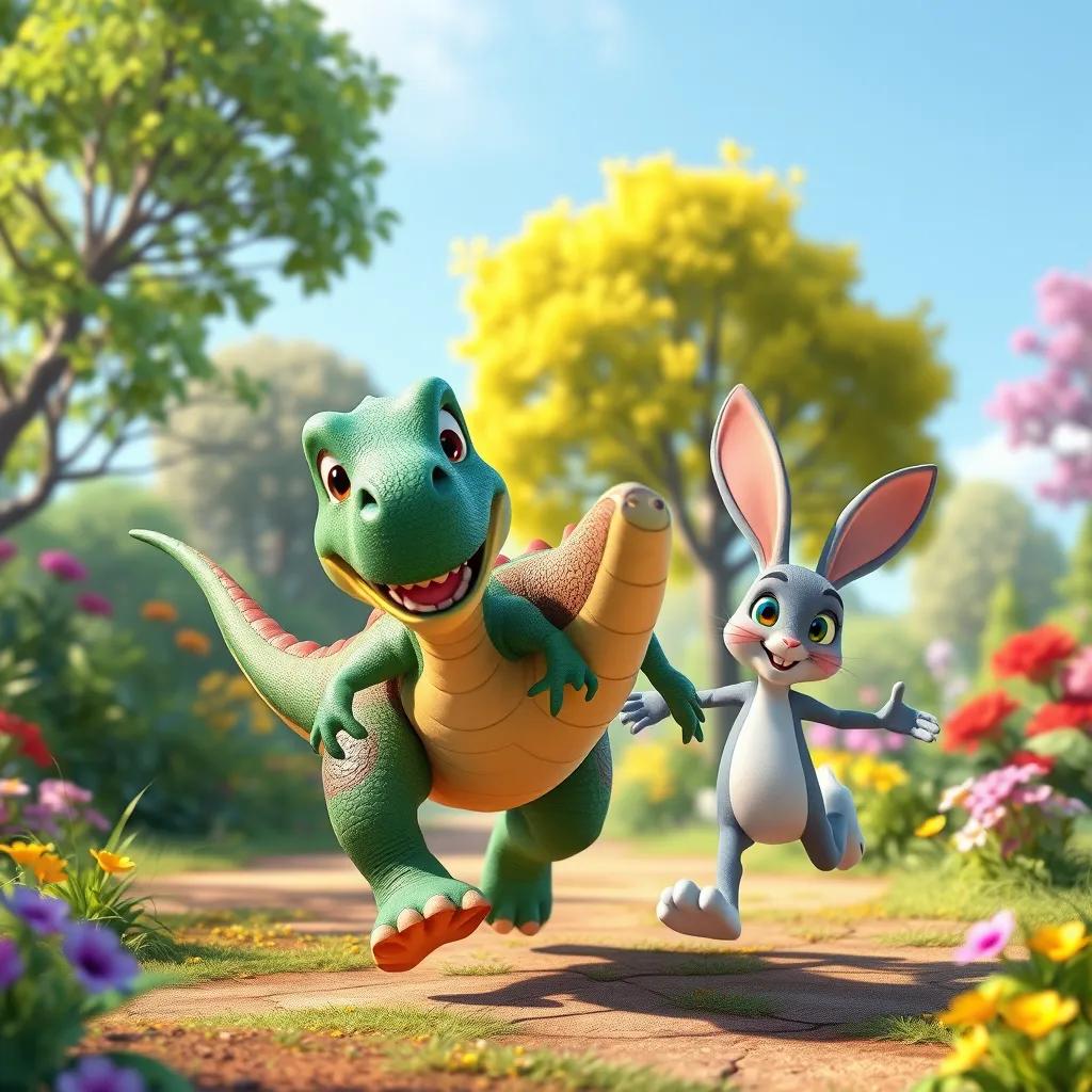 Dino the dinosaur running alongside Timmy the rabbit, playful expressions on their faces, colorful garden with trees and flowers in bright sunlight, fun and adventure mood, digital art, vibrant colors, high quality