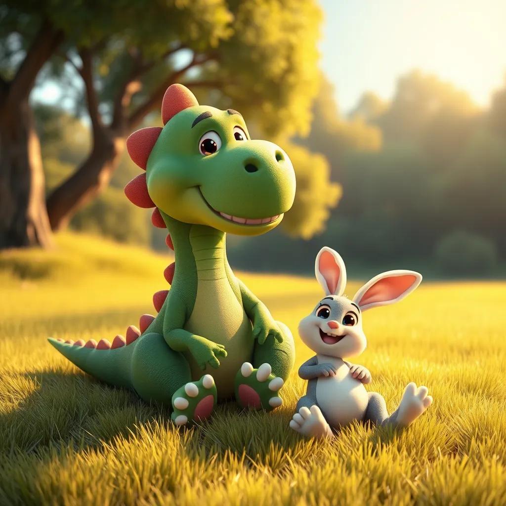 Dino the dinosaur sitting on soft grass with Timmy the rabbit, both relaxing under the warm sun, trees in the background, playful and happy expressions, warm light, colorful atmosphere, high quality