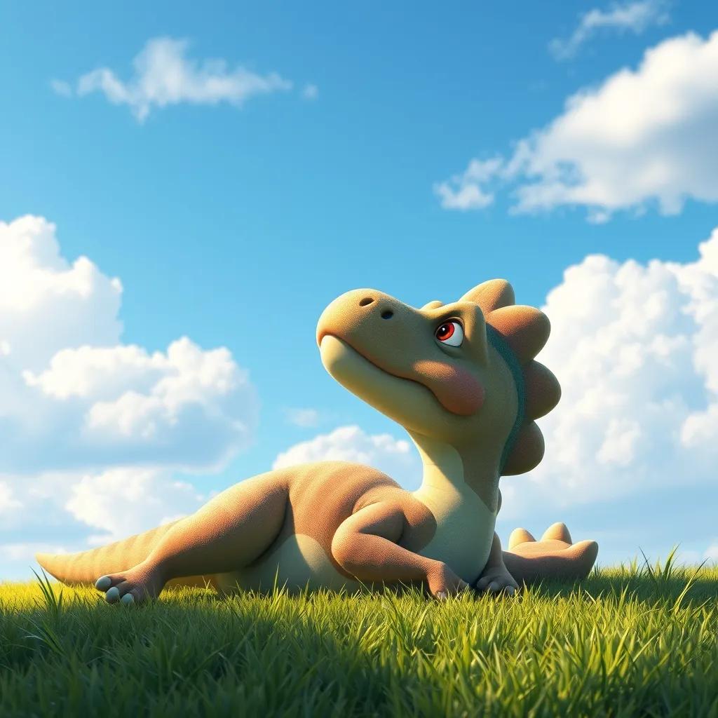 Dino the dinosaur lying on the grass, looking up at fluffy white clouds in a bright blue sky, peaceful and happy expression, warm sunlight, colorful mood, digital art, serene atmosphere, high quality