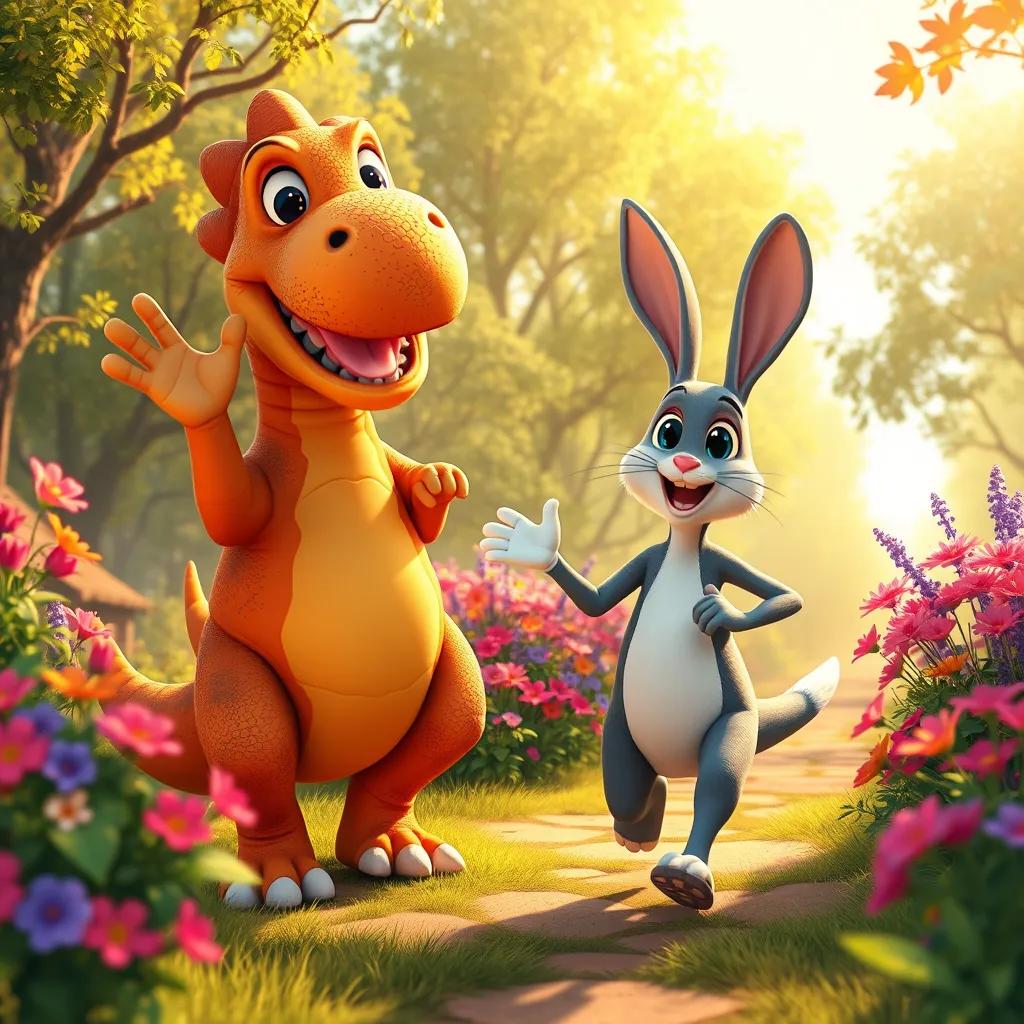 Dino the dinosaur waving goodbye to Timmy the rabbit, both happy after their jog, surrounded by colorful flowers and trees, warm light, cheerful atmosphere, digital painting, vibrant colors, high quality