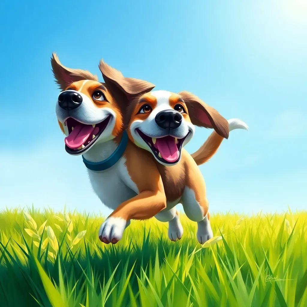 A happy dog named Dino, wiggling his body with a big smile, running in bright green grass under a clear blue sky, digital art, cheerful colors, inviting atmosphere, high quality